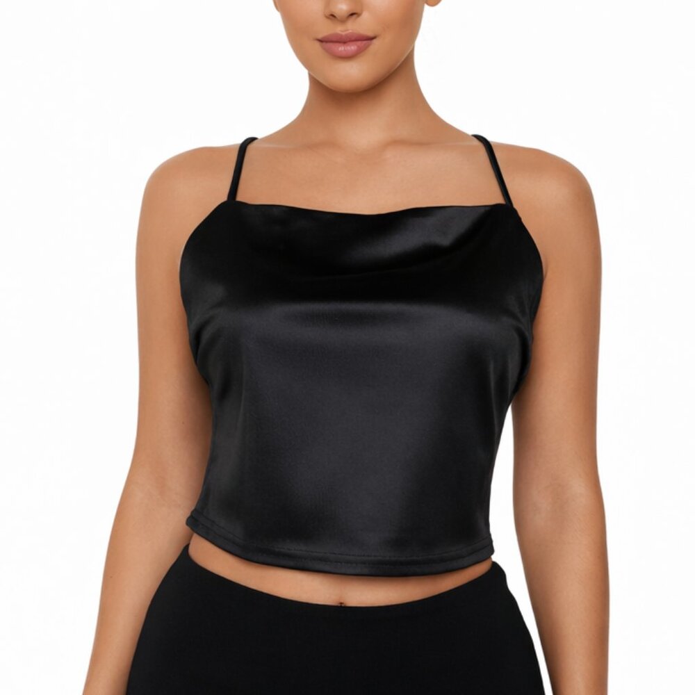 Better Be Black Satin Cowl Neck Crop Top Cross Back Size L